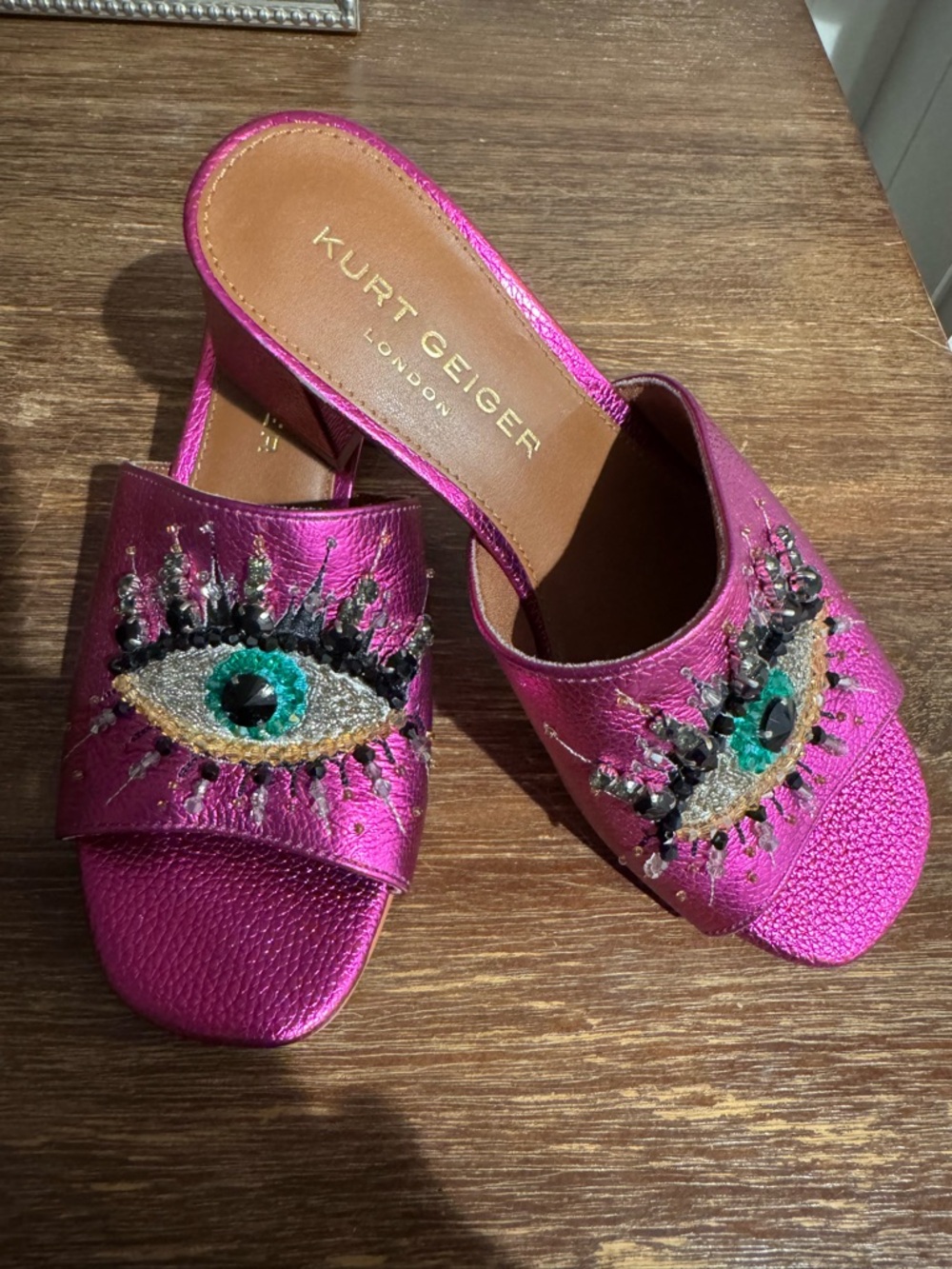 Authentic Kurt Geiger Metallic Fuchsia Beaded Evil Eye Slide Block Heels